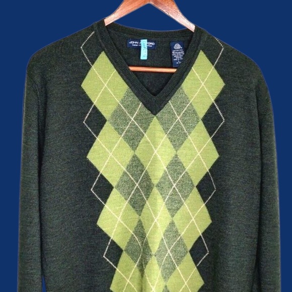 John Ashford Sz LG Vintage Green Argyle Golf Sweater V-Neck Italian Merino Wool - Picture 5 of 9